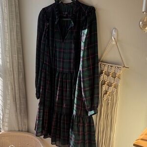 J. Crew Long Sleeve Plaid Dress Lined Black and Green Tartan Small